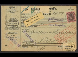 Deutsches Reich 1902 Paketkarte 80 Pf. Germania EF MiNr. 77 Elberfeld Schweiz