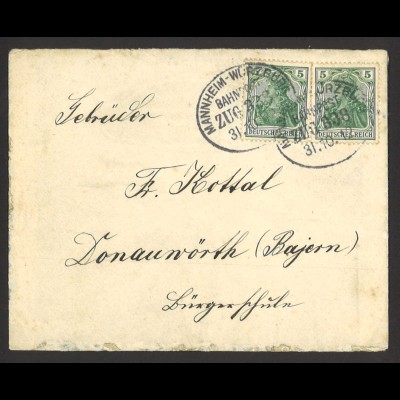 Deutsches Reich Germania 1912 Brief MiNr. 85 I MeF Bahnpost n. Donauwörth