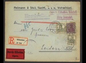 Deutsches Reich 1918 R-Brief Eilboten MiF MiNr. 92 + 98 Vohwinkel Leiden Holland