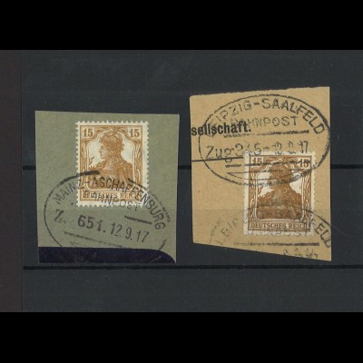 Deutsches Reich Germania 15 Pf. MiNr. 100a + 100b mit versch. Bahnpost Stempeln 