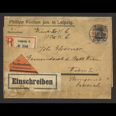 Deutsches Reich 1909 Streifband Einschreiben MiNr. 89 I EF Wien Reclam Leipzig