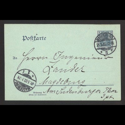 Deutsches Reich 1902 Postkarte 2 Pf. Blau Germania P 57 Y Magdeburg 