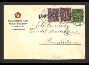 Deutsches Reich Infla 1922 Postkarte MiF MiNr 183 +187 + 224 Elberfeld Amsterdam