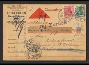 Deutsches Reich 1915 Nachnahme-Karte MiF 10 Pf. + 5 Pf. Germania MiNr. 85 + 86