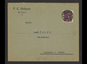 Deutsches Reich 1922 Brief EF 2 Mark Posthorn MiNr. 191 Erfurt n. Waldshut