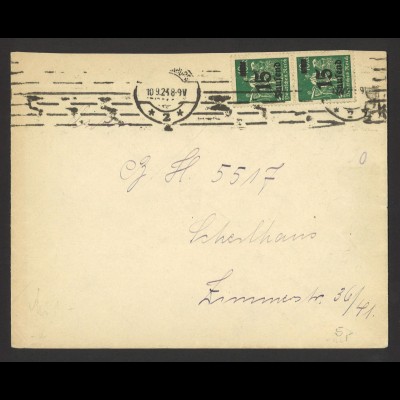 Deutsches Reich 1923 Brief MeF MiNr. 279 2 x 15 Tausend Maschinenstempel
