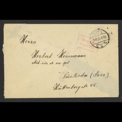 Deutsches Reich 1923 Brief Stempel R2 "Gebühr bezahlt" Tagesstempel Bonn 9.10