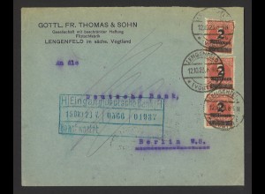 Deutsches Reich 1923 Brief MiF MiNr. 312 A + 295 Lengenfeld n. Berlin 