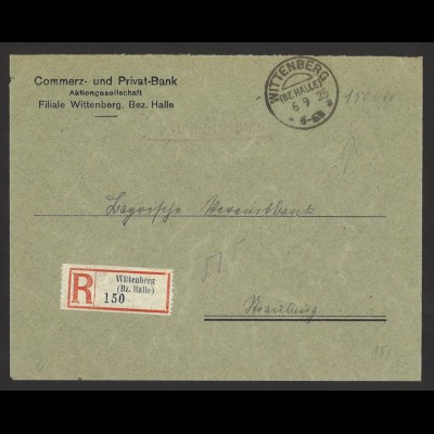 Deutsches Reich Infla 1923 R-Brief aus Wittenberg bar bezahlt 150.000 (hds.) 