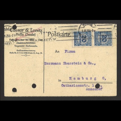 Deutsches Reich Infla 1923 Postkarte MeF MiNr. 319 Halle Tarif Ersttag gelocht