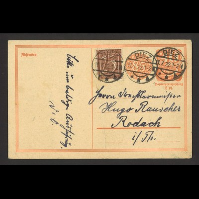 Deutsches Reich INFLA 1922 Postkarte 40 Pf. + ZuF MiNr. 161 von Diez n. Rodach
