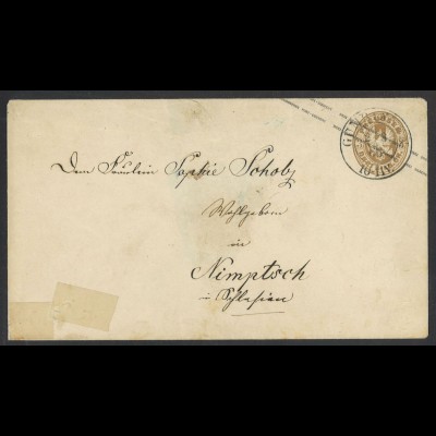 Altdeutschland Preussen 1865 Briefumschlag 3 Sgr. K2 Gumbinnen nach Nimptsch
