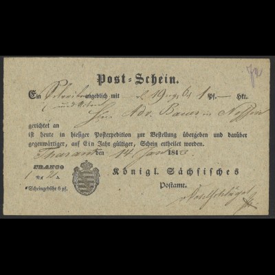 Altdeutschland Sachsen 1843 Postschein aus Tharant über eine Sendung n. Nossen
