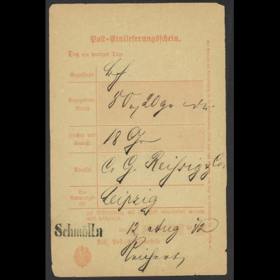 Altdeutschland Sachsen Deutsches Reich 1872 Postschein mit L1 SCHMÖLLN