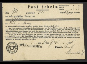 Altdeutschland Thurn & Taxis Postschein Wiesbaden aptierter L1 Stempel 1865