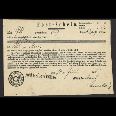 Altdeutschland Thurn & Taxis Postschein Wiesbaden aptierter L1 Stempel 1865