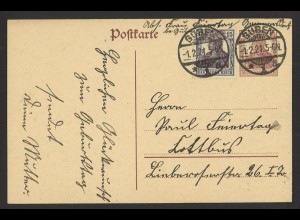 Deutsches Reich 1921 Postkarte P 116 + ZuF MiNr. 142 Germania 15 Pf. aus Guben 