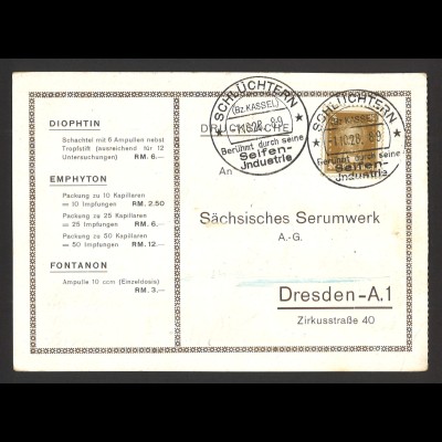 Deutsches Reich 1928 Postkarte Drucksache mit SSt "Schlüchtern Seifenindustrie"