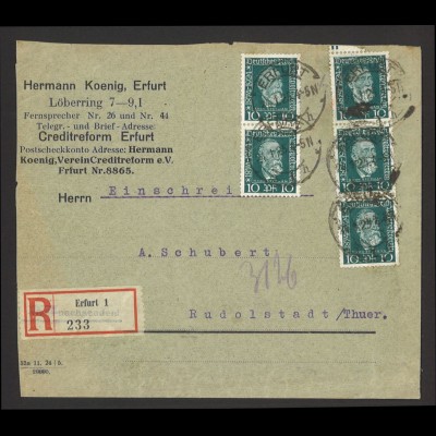 Deutsches Reich 1925 Einschreiben Brief MeF MiNr. 368 ERfurt nach Rudolstadt