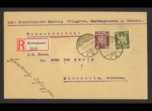 Deutsches Reich 1926 R-Brief MiF MiNr. 359 +360 an Sven Hedin Stockholm Schweden