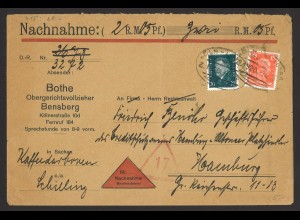 Deutsches Reich 1928 Nachnahme Brief MiF MiNr. 391+415 Bensberg Bahnpost Köln 
