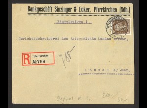 Deutsches Reich 1927 Einschreiben Brief EF Bach MiNr. 396 Pfarrkirchen n. Landau