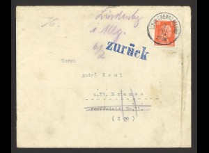 Deutsches Reich 1927 Brief EF MiNr. 391 Lindenberg Allgäu n. Bremen unzustellbar