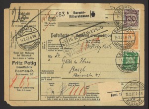 Deutsches Reich 1927 Paketkarte MiF MiNr. 343, 356, 357 + 361 Barmen n. Basel
