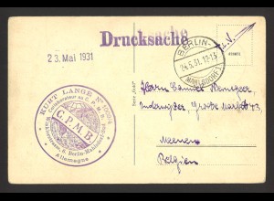 Deutsches Reich 1931 Ansichtskarte Berlin EF MiNr. 411 CPMB Kurt Lange Stempel 