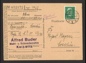Deutsches Reich 1930 Scheck / Überweisung als Postkarte mit EF MiNr. 411 Cottbus