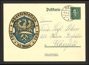 Deutsches Reich 1931 Ganzsache Postkarte P 190 aus Rees nach Elberfeld