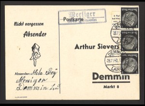 Deutsches Reich 1940 Postkarte MeF MiNr. 512x Landpoststempel Meesiger Demmin