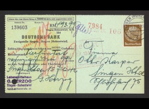 Deutsches Reich 1942 Drucksachen-Postkarte Scheck EF MiNr 513 Singen Hohentwiel