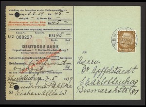 Deutsches Reich 1939 Drucksachen-Postkarte Scheck EF 513 Berlin Charlottenburg