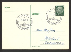 Deutsches Reich 1940 Postkarte EF MiNr 516 Sonderstempel Malmedy Heimkehr 