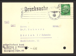 Deutsches Reich 1940 Postkarte EF MiNr 515 X Berlin Auslands-Drucksache Schweiz 