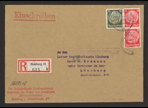 Deutsches Reich 1938 Einschreibe-Brief MiF MiNr. 519 + 523 Hamburg Lüneburg