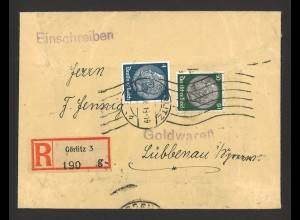 Deutsches Reich 1935 Einschreibe-Brief MiF MiNr. 514 + 525 Görlitz n. Lübbenau