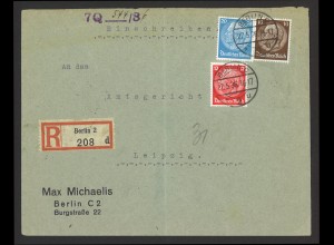 Deutsches Reich 1936 Einschreibe-Brief MiF MiNr 518, 519 + 521 Berlin n. Leipzig