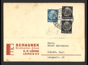 Deutsches Reich 1934 Postkarte MiF MiNr. 512 + 514 Leipzig Schaubek C.F. Lücke