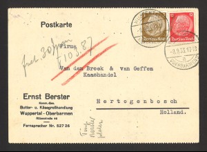 Deutsches Reich 1933 Postkarte MiF 3 Pf. + 12 Pf. Wuppertal Oberbarmen > Holland