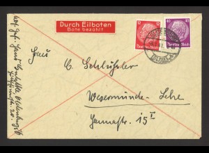 Deutsches Reich 1941 Eilboten-Brief MiF MiNr. 519 + 524 Oldenburg n. Wesermünde