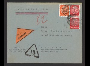Deutsches Reich 1935 Nachnahme Brief MiNr. 517 + 519 Bahnpost Osnabrück Bremen