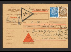 Deutsches Reich 1936 Nachnahme Postkarte (Drucksache) MiF MiNr 513 + 521 Parchim