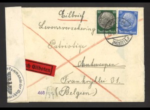 Deutsches Reich 1940 Eilboten Auslands-Brief MiF MiNr. 522 + 525 Belgien Zensur