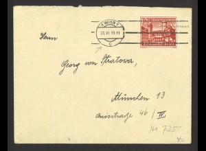 Deutsches Reich 1939 Brief EF MiNr 735 mit Maschinenstempel Wien 1 nach München