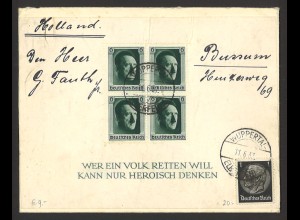 Deutsches Reich 1937 Brief MiF MiNr. 512 + Block 7 Wuppertal Elberfeld n. Bussum