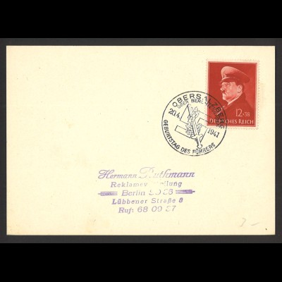 Deutsches Reich 1941 Postkarte EF MiNr. 772 Geburtstag des Führers Obersalza