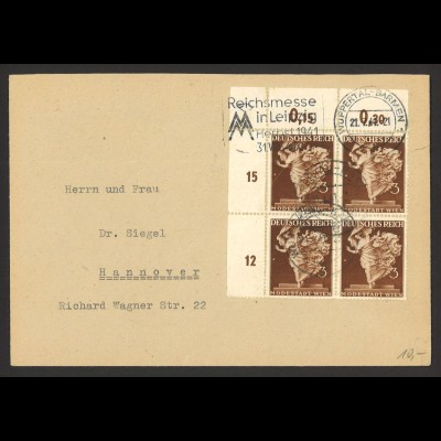 Deutsches Reich 1941 Brief MeF MiNr. 768 Eckrand 4er-Block Wuppertal n. Hannover