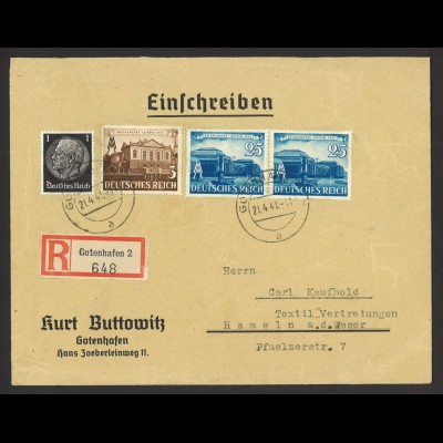 Deutsches Reich 1941 Einschreiben Brief MiF MiNr. 512, 764 + 767 Gotenhafen 